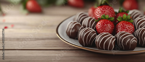 Obraz na płótnie Delicious plate of chocolate-covered strawberries with a rustic wooden background, perfect for dessert lovers and sweet treat enthusiasts. w salonie