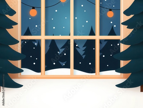 Winter wonderland with frostkissed windows, holiday lights twinkling in the background, cozy and festive, flat design illustration photo