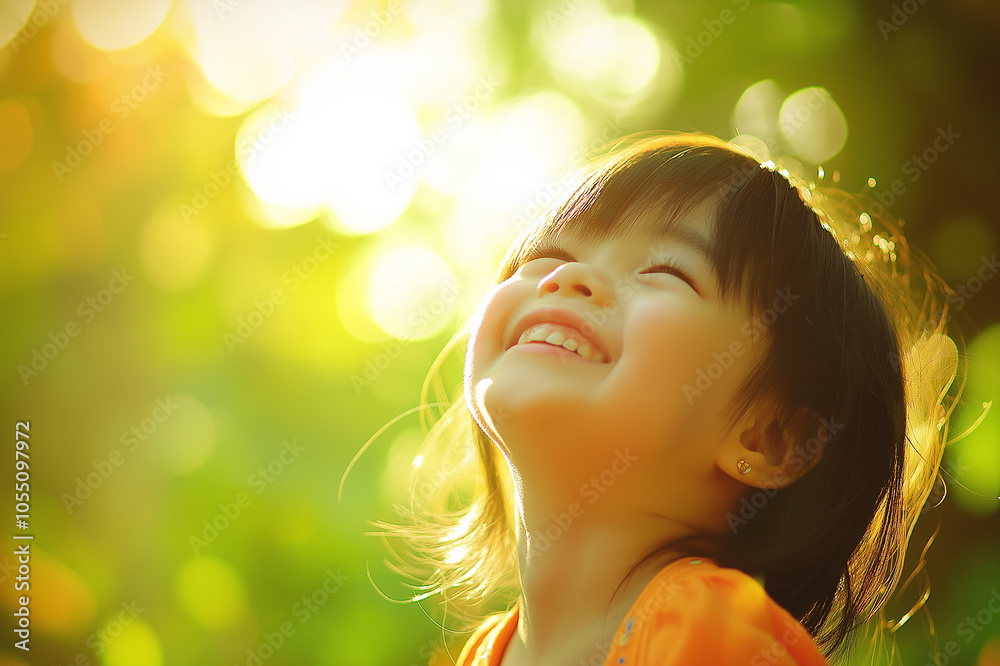 A young child smiling while basking in warm sunlight, surrounded by soft bokeh, evoking joy and innocence. The background provides ample copy space for design use. A young child smiling while basking in warm sunlight, surrounded by soft bokeh, evoking joy and innocence. The background provides ample copy space for design use.