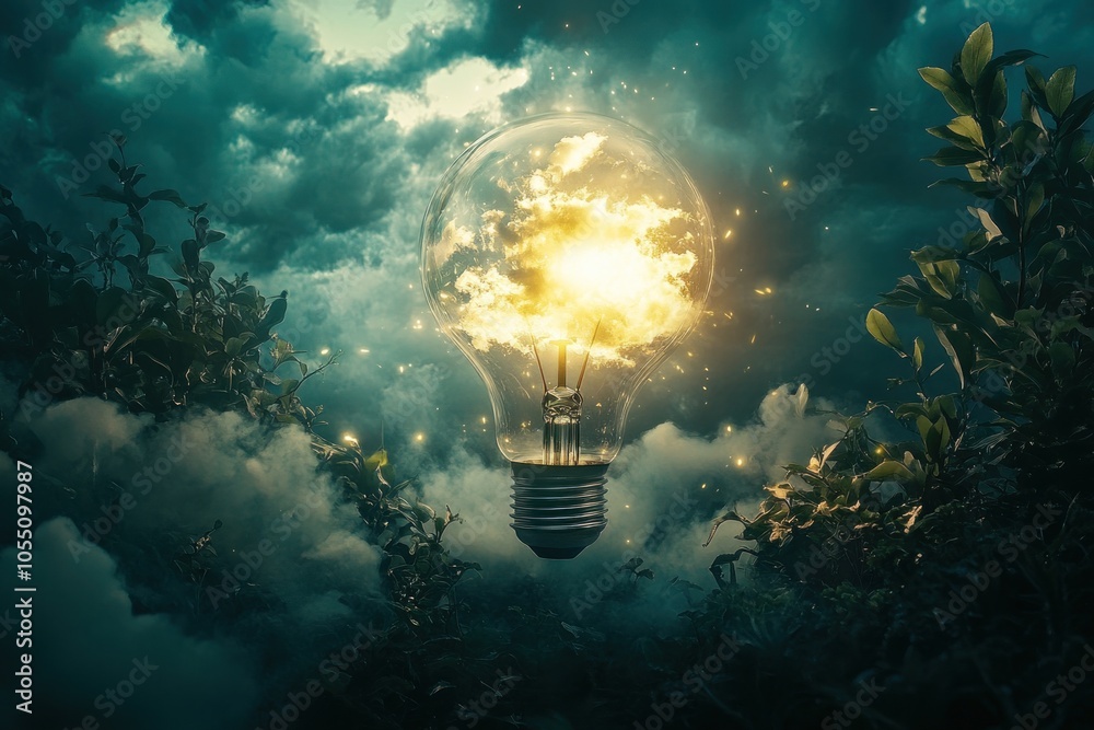 A glowing light bulb containing a swirling cloud in a dark, misty forest A glowing light bulb containing a swirling cloud in a dark, misty forest