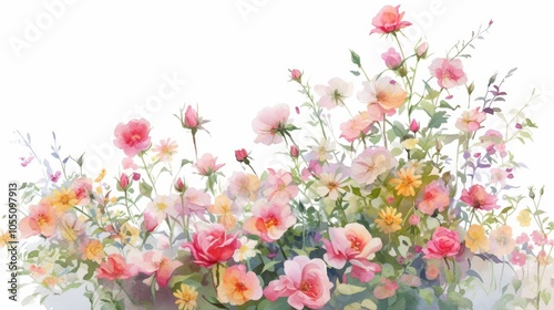 Vibrant watercolor composition of a rose garden with lush pink flowers and green foliage, isolated on white background for postcards, banners