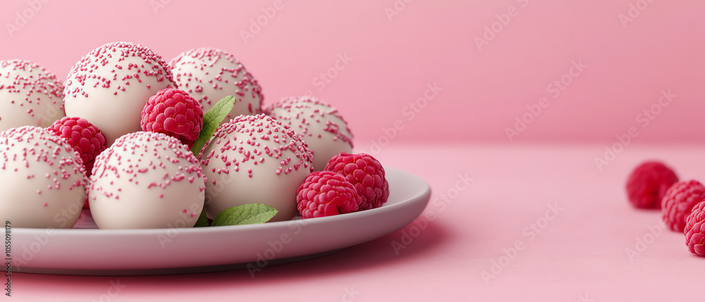Delicious white chocolate dessert balls with sprinkles and raspberries on a pale pink background, perfect for sweet treats and celebrations. Delicious white chocolate dessert balls with sprinkles and raspberries on a pale pink background, perfect for sweet treats and celebrations.