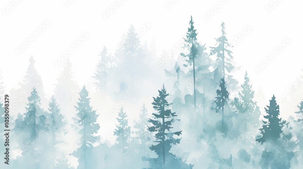 Obraz premium Watercolor forest landscape with soft green and blue tones and dense trees in a misty atmosphere, minimalistic isolated composition on white background for postcards, banners