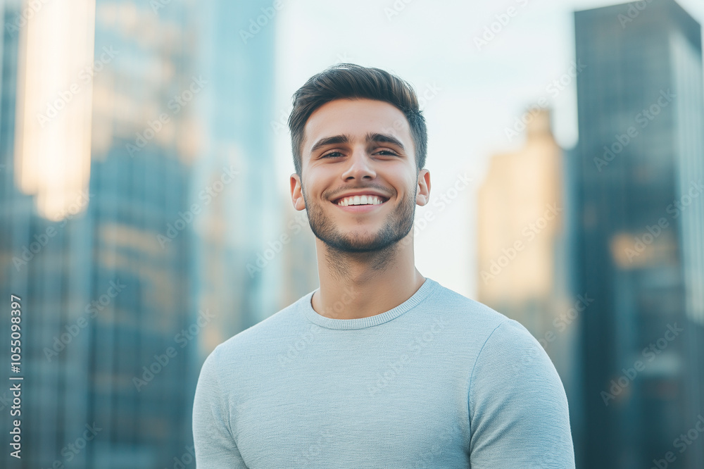 Young man smiling confidently in an urban setting with tall buildings in the background. His friendly expression radiates positivity and self-assurance. Young man smiling confidently in an urban setting with tall buildings in the background. His friendly expression radiates positivity and self-assurance.