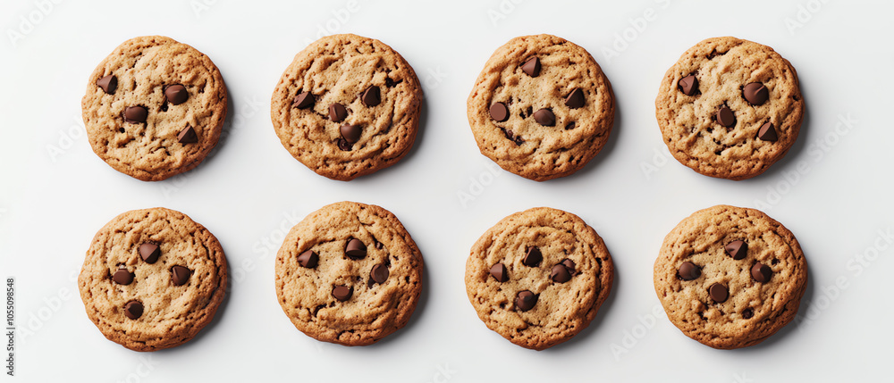 Freshly baked chocolate chip cookies arranged in a neat row on a white background, perfect for dessert lovers and baking enthusiasts. Freshly baked chocolate chip cookies arranged in a neat row on a white background, perfect for dessert lovers and baking enthusiasts.
