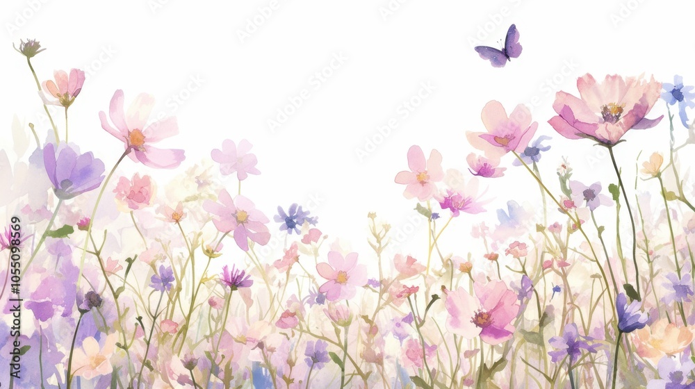 Soft watercolor spring meadow with wildflowers in gentle pink and purple hues isolated on white background minimalistic composition for greeting cards banners high quality detail and sharp definition Soft watercolor spring meadow with wildflowers in gentle pink and purple hues isolated on white background minimalistic composition for greeting cards banners high quality detail and sharp definition