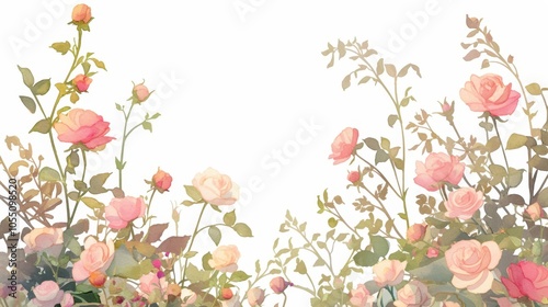 Wallpaper Mural Vibrant watercolor composition of a rose garden with lush pink flowers and green foliage, isolated on white background for postcards, banners Torontodigital.ca