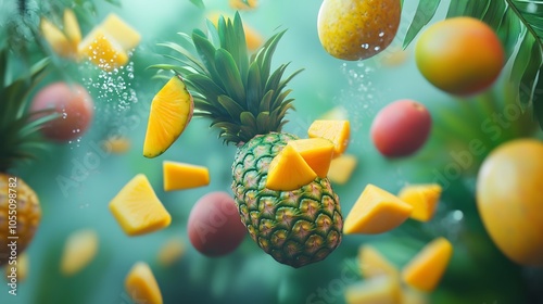 Fototapeta Naklejka Na Ścianę i Meble -  A variety of tropical fruits like mangoes and pineapples falling together with realistic textures