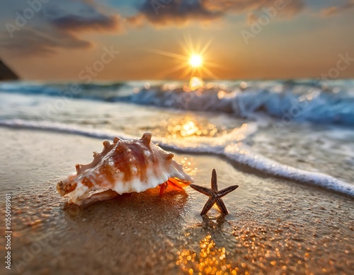 A vibrant beach scene at sunset featuring a small crab on wet sand near the shoreline. The golden light of the setting sun reflects off the waves, creating a serene and picturesque atmosphere. The cra photo