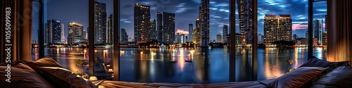 Bedroom at night, open window, modern Bangkok skyline, illuminated skyscrapers, reflections on water, cozy bed in view.