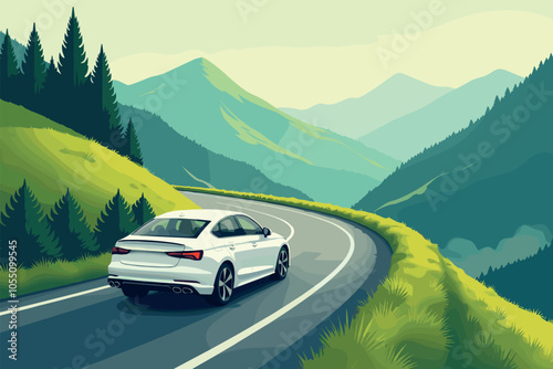 Car Driving Through Scenic Mountain Road Surrounded by Nature