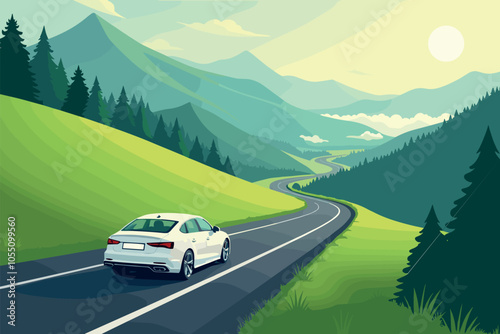 Car Driving Through Scenic Mountain Road Surrounded by Nature