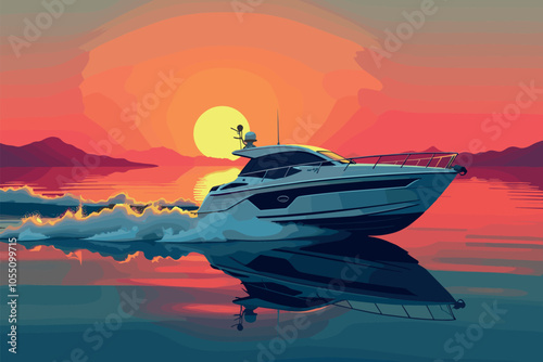 Speedboat Cruising on Water at Sunset with Vibrant Sky