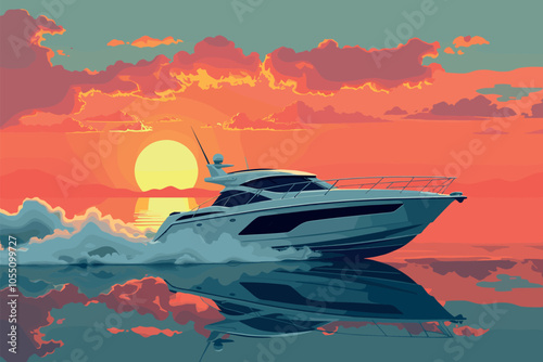 Speedboat Cruising on Water at Sunset with Vibrant Sky