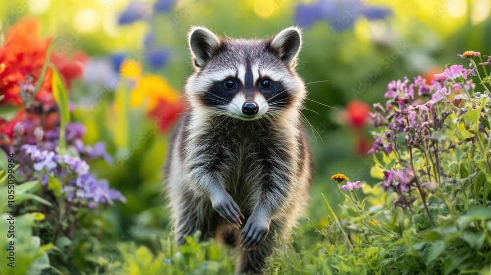 Fototapeta premium Raccoon exploring a garden with blooming flowers, looking inquisitively with soft daylight illuminating his fur
