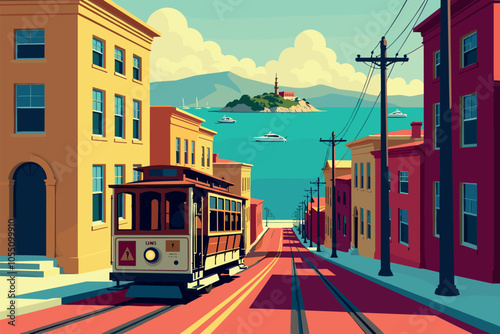 San Francisco Cable Car with Golden Gate Bridge in Background