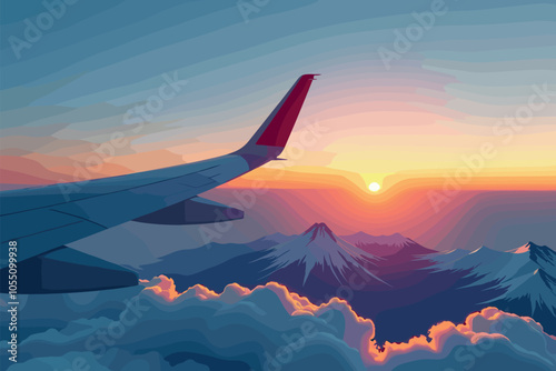Airplane Wing View of Sunrise Over Mountain Peaks and Clouds