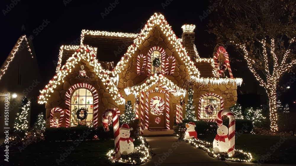 Fototapeta premium Whimsical Gingerbread House with Twinkling Lights
