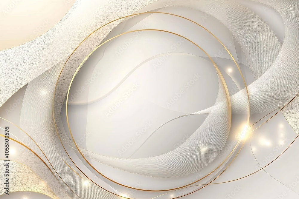 Fototapeta premium Abstract white and gold background with flowing lines and circular frame.
