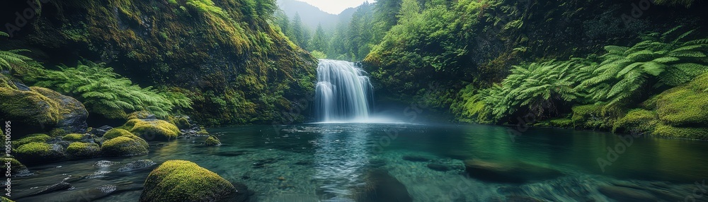 Serene Waterfall in Lush Green Forest with Moss-Covered Rocks and Crystal Clear Pool in Tranquil Natural Setting Serene Waterfall in Lush Green Forest with Moss-Covered Rocks and Crystal Clear Pool in Tranquil Natural Setting