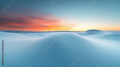 Stunning winter landscape with smooth snow dunes and a colorful sunset sky.