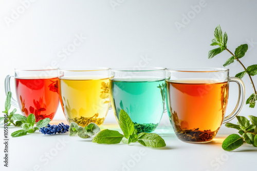 Four glass cups showing variety of tea flavors with herbs and mint leaves photo