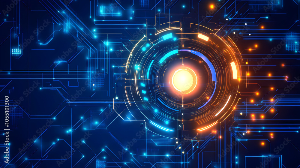 Abstract futuristic technology background with glowing circuit board and circular elements. Abstract futuristic technology background with glowing circuit board and circular elements.