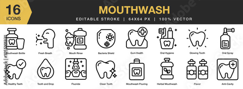 Mouthwash icon set. Editable Stroke Icon Collection. Includes bacteria shield, clean tooth, fluoride, fresh breath, and More. Outline icons vector collection.