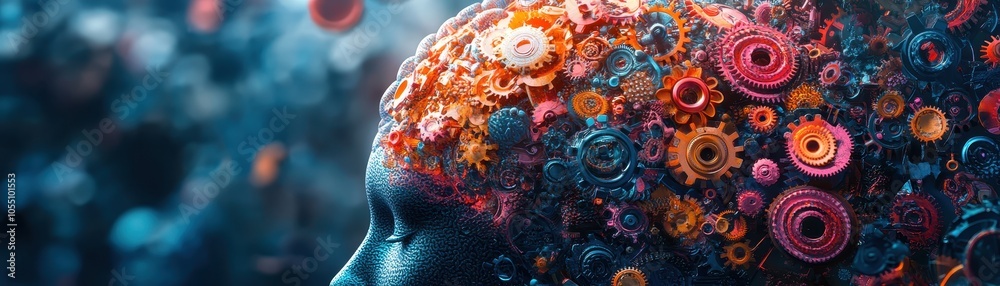 Vibrant Abstract Representation of Human Brain with Colorful Gears and Cogs in a Futuristic Setting Vibrant Abstract Representation of Human Brain with Colorful Gears and Cogs in a Futuristic Setting