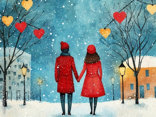 Winter couple in coordinating coats, holding hands as they walk through a festive town square, flat design illustration photo