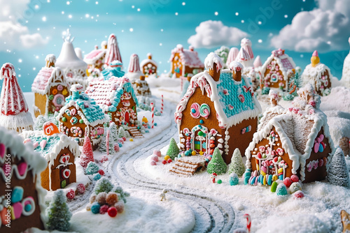 A whimsical, colorful, and detailed gingerbread village scene with snow, ginger houses, and candy decorations