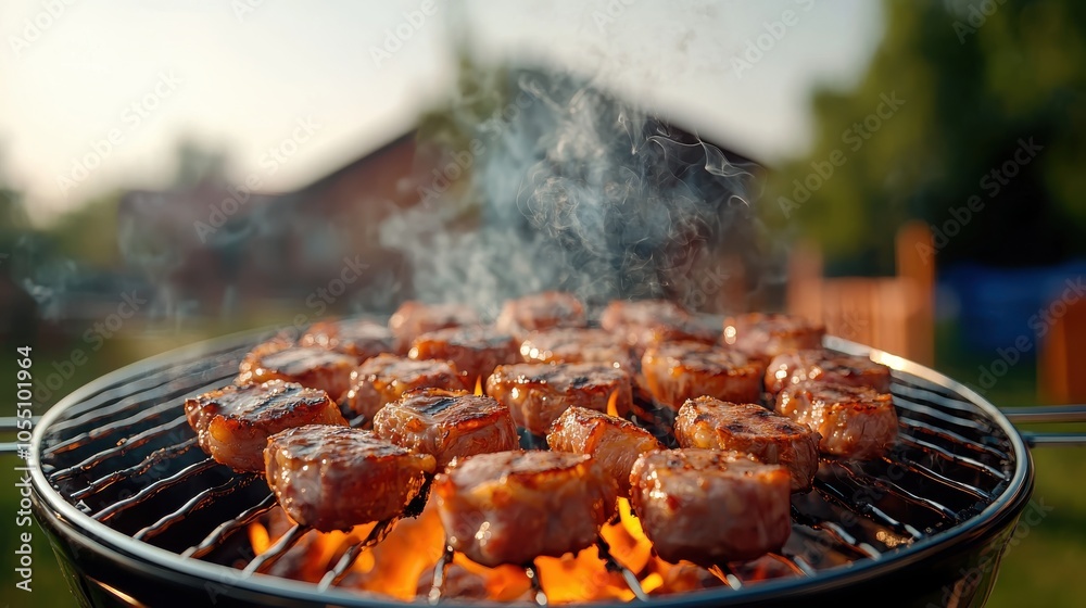 Grilled meat sizzling on the barbecue, smoke rising against a blurry background, summer outdoor cooking. Grilled meat sizzling on the barbecue, smoke rising against a blurry background, summer outdoor cooking.
