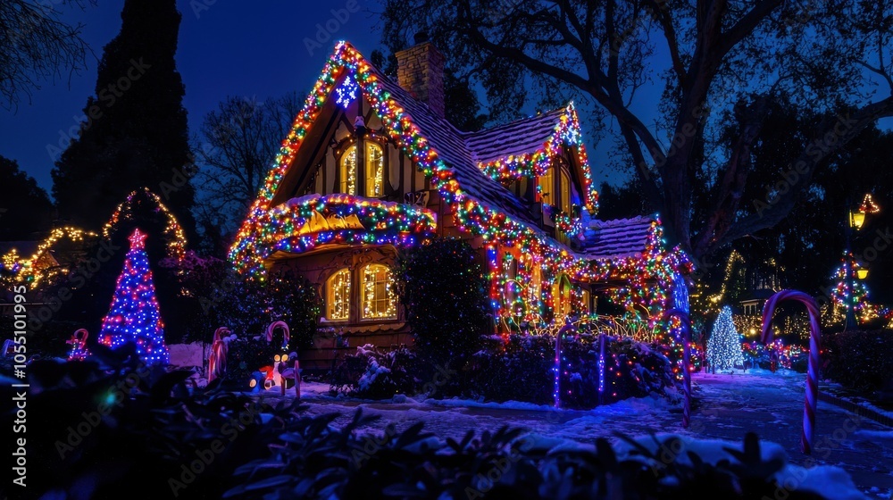 Fototapeta premium Magical Gingerbread House with Colorful Holiday Lights