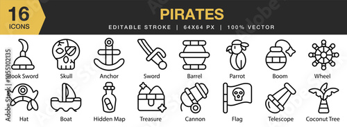 Pirates icon set. Editable Stroke Icon Collection. Includes anchor, barrel, boat, bomb, cannon, flag, hat, and More. Outline icons vector collection.