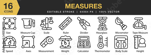 Measures icon set. Editable Stroke Icon Collection. Includes axes, body scale, divider, height, hourglass, micrometer, and More. Outline icons vector collection.