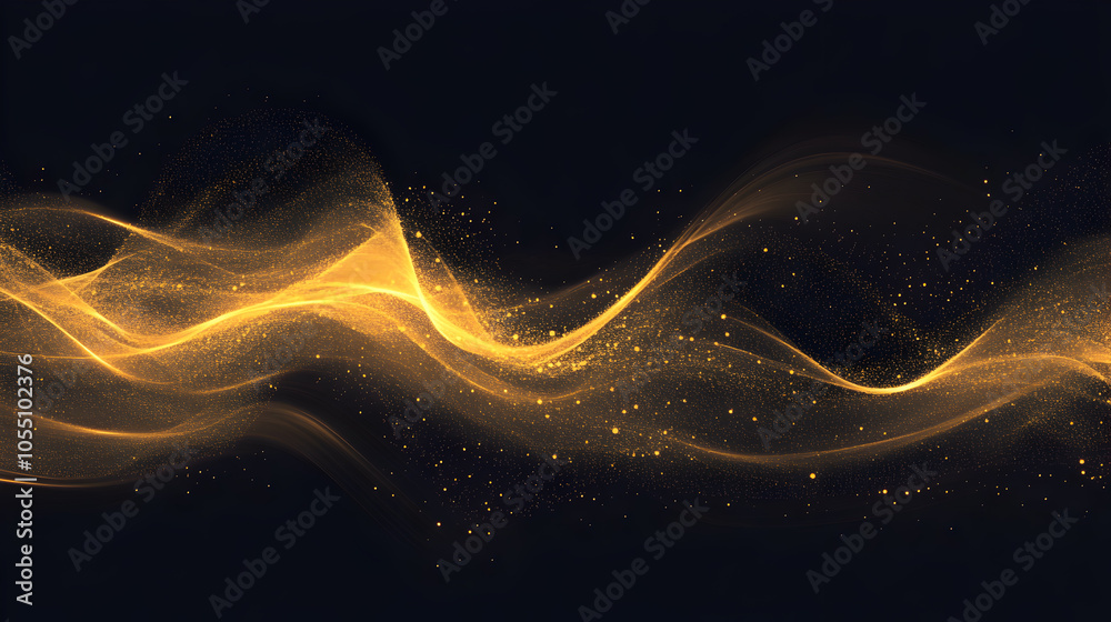 Fototapeta premium Abstract golden wave with glowing particles on a black background.