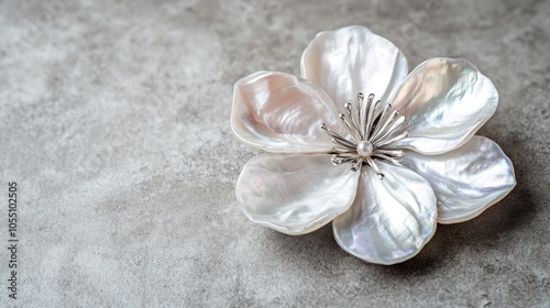 Gray mother-of-pearl flower brooch on a light gray concrete background. Elegant jewelry for women.