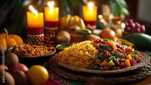 Table with traditional African dishes, jollof rice, vegetable stew, and fresh fruits. Kwanzaa feast photo