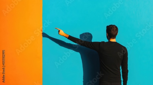 A person standing in front of a wall painting their own shadow symbolizing the act of self creation and innovation  The vibrant colors and deep depth of field create a captivating atmospheric photo