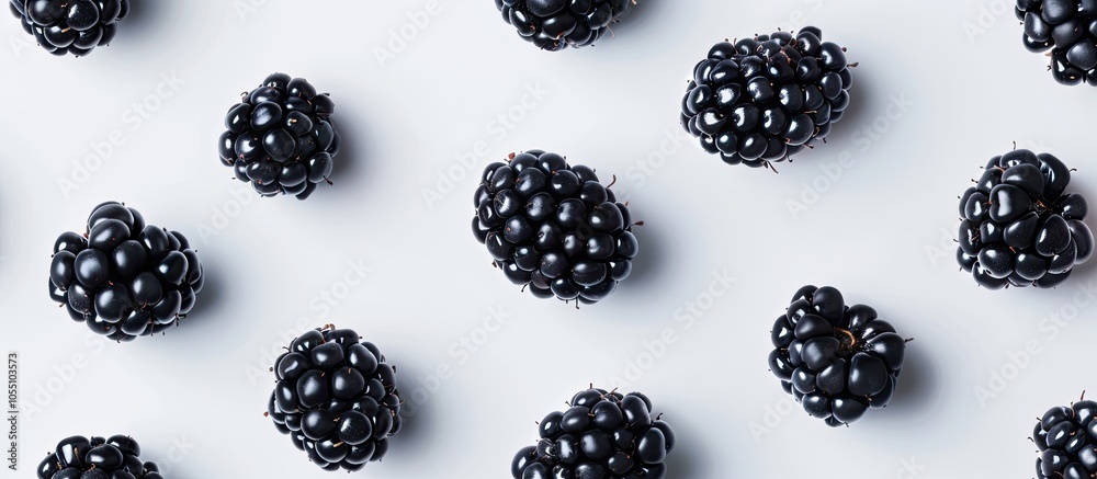 Blackberries on a white surface with scatter and copy space image viewed from above in a landscape orientation Blackberries on a white surface with scatter and copy space image viewed from above in a landscape orientation
