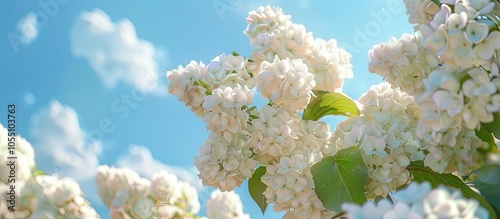 Blooming white Viburnum opulus Roseum in front of a blue sky commonly known as Snowball Bush or European Snowball is a large shrub with a nature themed copy space image photo