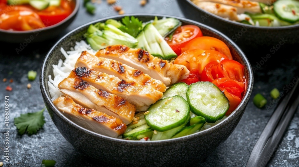 Warm Noodle Bowl with Grilled Chicken and Vegetables Warm Noodle Bowl with Grilled Chicken and Vegetables