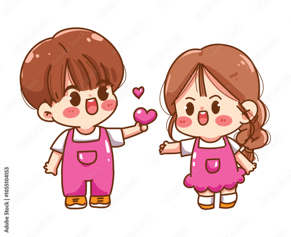 Couple giving each other their hearts, hand drawn cartoon, vector illustration Couple giving each other their hearts, hand drawn cartoon, vector illustration