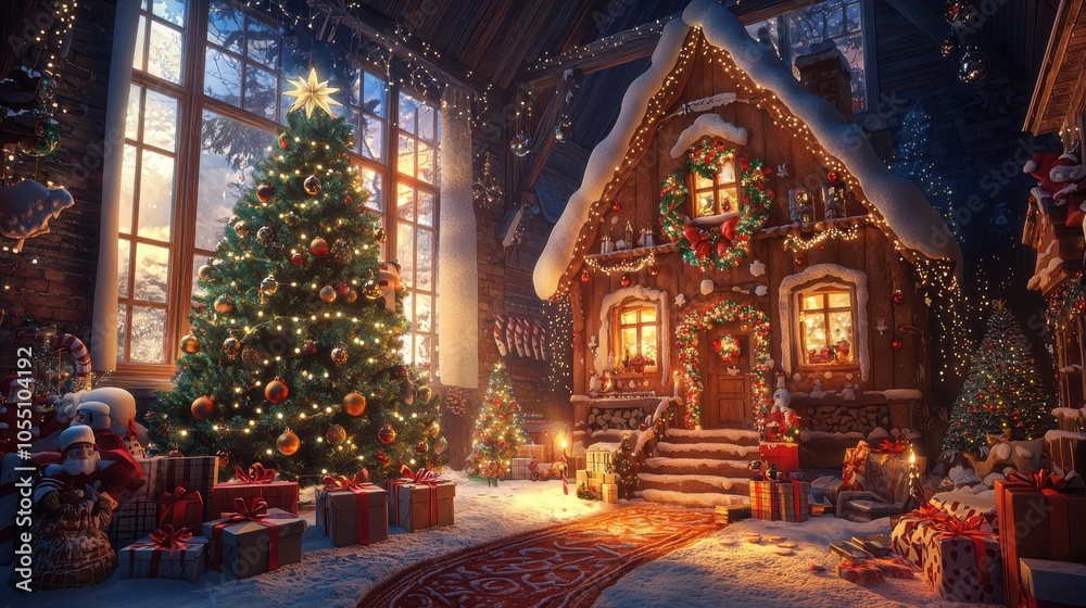Cozy Gingerbread House with a Glowing Christmas Tree Cozy Gingerbread House with a Glowing Christmas Tree