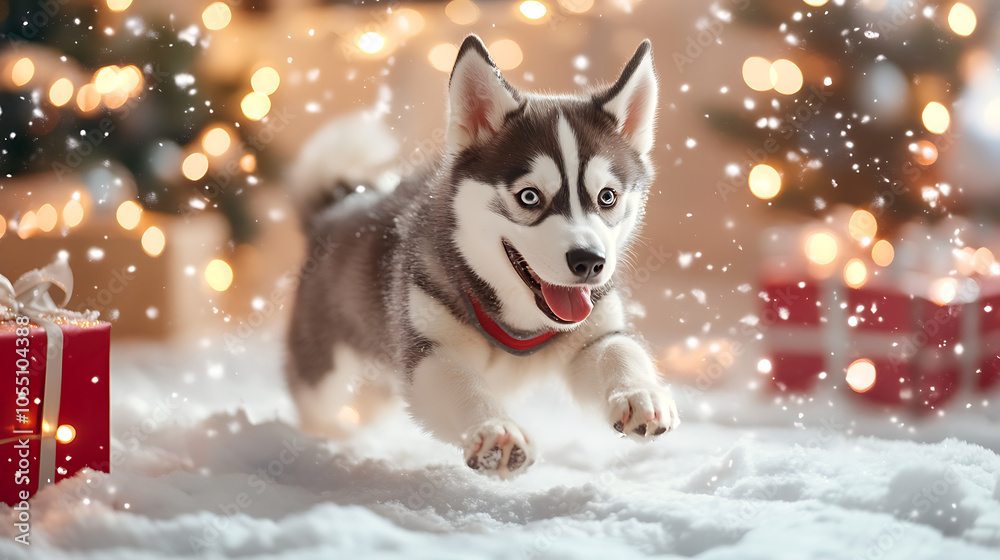 Cute Husky Puppy Playing in the Snow on Christmas Cute Husky Puppy Playing in the Snow on Christmas