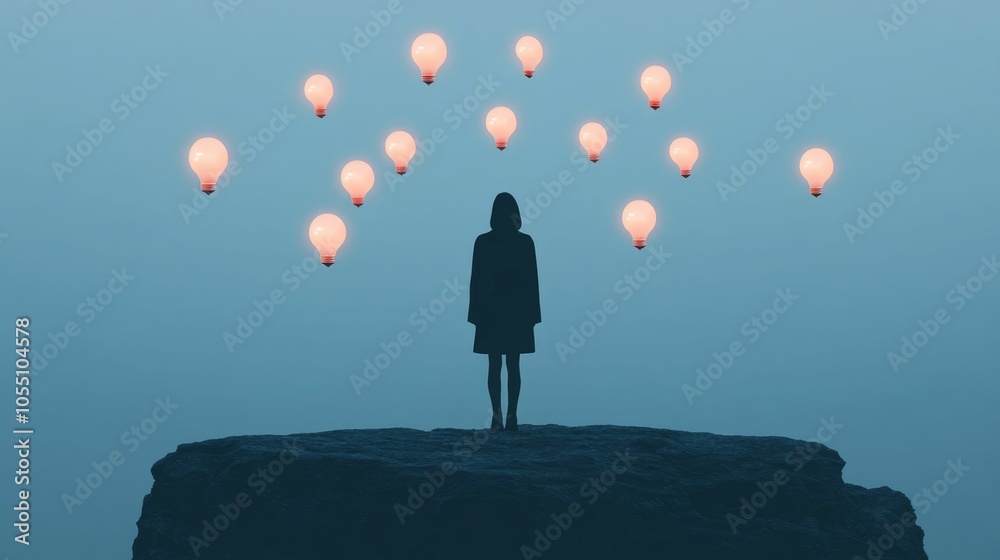 A lone figure stands silhouetted at the edge of a cliff surrounded by a field of floating light bulbs that symbolize the free flow of ideas A lone figure stands silhouetted at the edge of a cliff surrounded by a field of floating light bulbs that symbolize the free flow of ideas