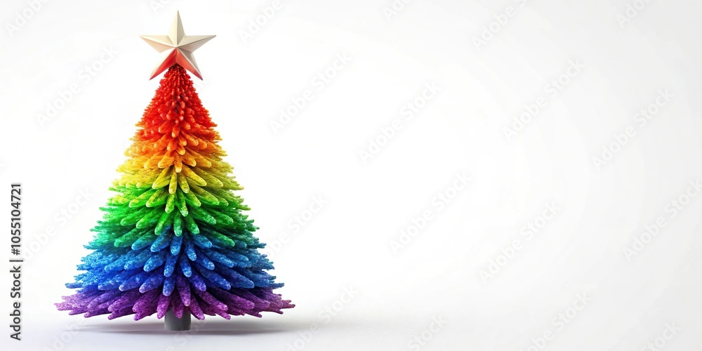 Colorful rainbow Christmas tree with white star on top against a mirrored background Colorful rainbow Christmas tree with white star on top against a mirrored background