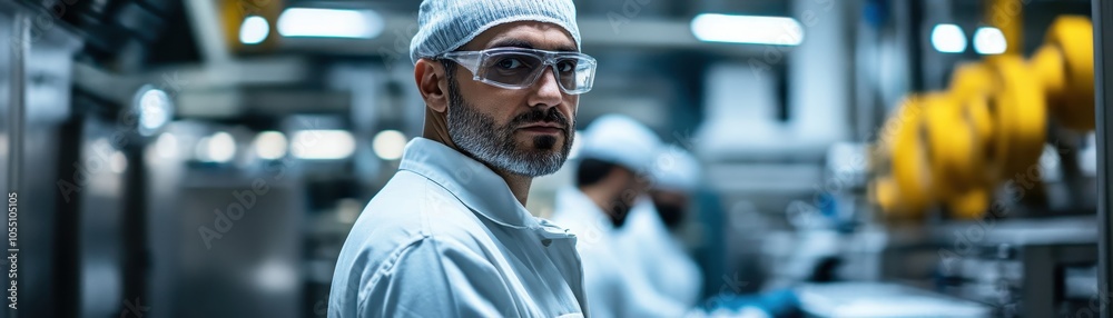 Fototapeta premium Professional Worker in Modern Food Processing Facility with Advanced Equipment and Safety Gear