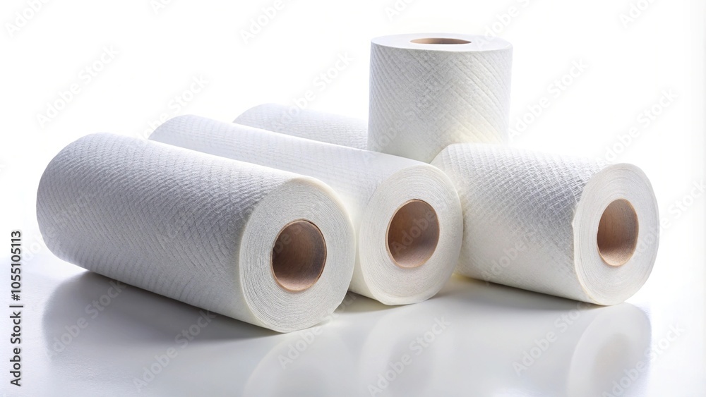 White paper towel rolls at tilted angle isolated on white background White paper towel rolls at tilted angle isolated on white background
