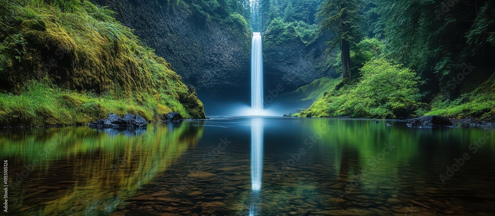 Φωτογραφία Stunning Waterfall Cascading into a Serene Forest Pool Surrounded by Lush Greene